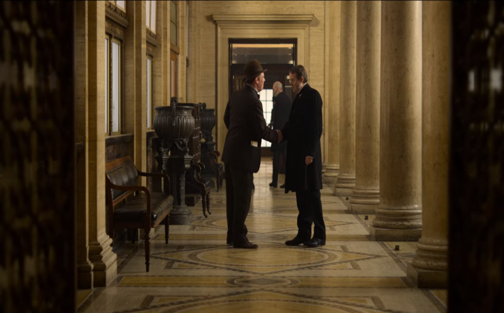 A scene from Netflix's The English Game, filmed in Liverpool inside Martins Bank to double as a period London bank.
