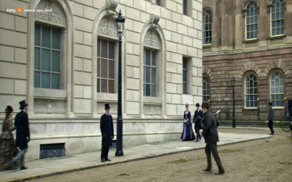 A scene from Netflix's The English Game, filmed in Liverpool outside Martins Bank on Water Street, to double as London