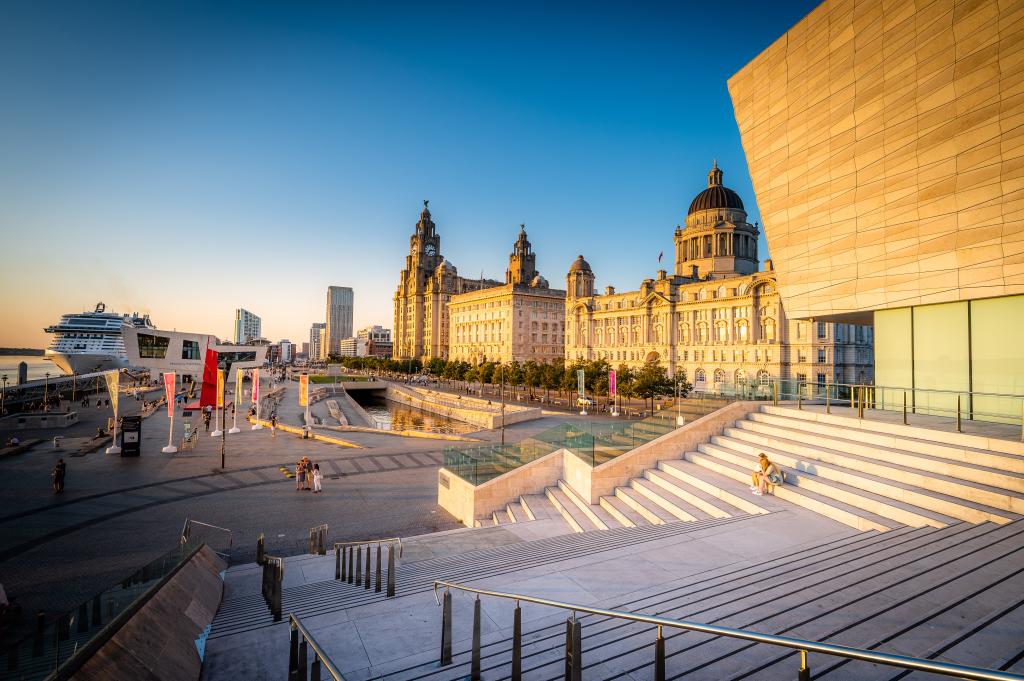 Liverpool Pier Head with the Three Graces to the right.